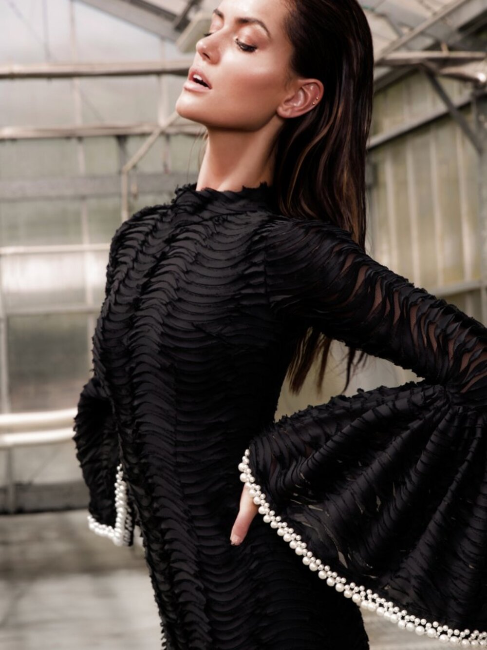 MOSSMAN Prim & Proper Bell Pearl Trim Long Sleeve Dress Black US Size 8
